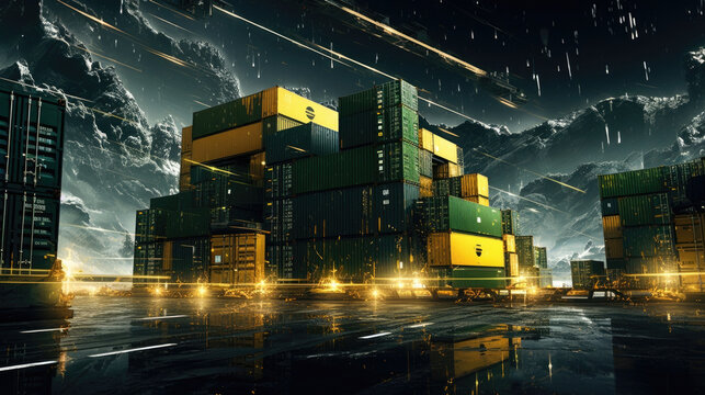 A large freight container covered in yellow and green lights parked on the edge of a wharf lined with towering cranes cyberpunk ar