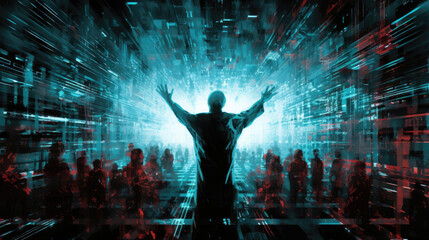 An ilration of a cyberpunk hacker dancing in a crowd of binary code. cyberpunk ar