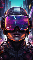 A closeup of a VR headset with colorful electronic circuits lighting up the lenses that reveal a simulated street race. cyberpunk ar