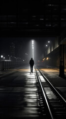 A monochrome image of a lone figure standing on the tracks illuminated solely by the neon light. cyberpunk ar