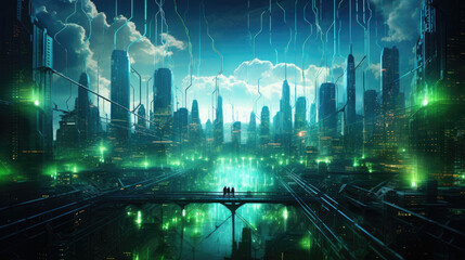 An aerial shot of a cybernetic cityscape with the skyline filled with neon green and blue electric towers and buildings cyberpunk ar