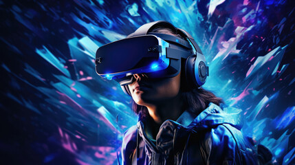 A person wearing a virtual reality headset in the middle of a cyberpunkthemed escape room. The room has steel walls neonblue cyberpunk ar