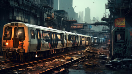 A cyberpunk cityscape filled with graffiti and rust with old subway rails covered in sophisticated tech. cyberpunk ar