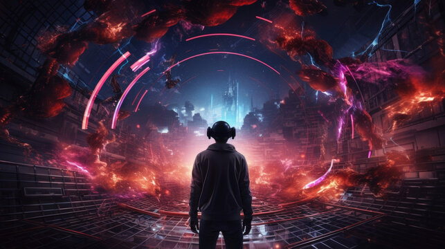 A figure standing in the middle of a digital futuristic arena based on a cyberpunk motif. The figure has a headset on cyberpunk ar