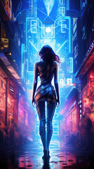 A silhouetted figure walking through an alley of neon signs and 3dimensional holograms advertising a variety of adult cyberpunk ar