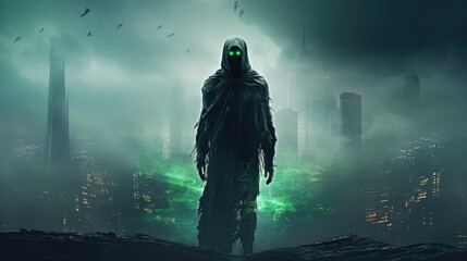 Obraz na płótnie Canvas A robotic soldier cloaked in an eerie green mist standing atop a crumbling cityscape while looking up at a cyberwarfare cyberpunk ar