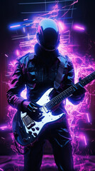 Fototapeta na wymiar An image of a faceless futuristic android playing a neon purple guitar with sparks of electricity emitting from the strings. cyberpunk ar