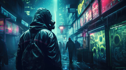 Fototapeta na wymiar A person wearing a black trenchcoat and gas mask walking down a dirty subterranean street with glowing billboards and cyberpunk ar