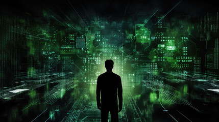 Fototapeta na wymiar A person silhouetted in front of a black and green digital schematic with a cybersecurity program in one hand and a keyboard cyberpunk ar