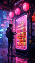 Two people in the alley standing in front of a line of vending machines selling cybernetic body parts in the glow of cyberpunk ar - obrazy, fototapety, plakaty