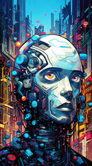 A closeup of a graffiti mural with a cyberpunk motif depicting futuristic cityscape filled with robotic and humanoid cyberpunk ar