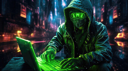 A person in a neongreen cyberpunk suit holding a futuristic computer with multicolored LED lights while graffiti of a cyberpunk ar
