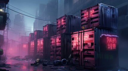 mysterious neonlit containers litter the area while a fog of smoke drifts up to a cyberpunk neon sky. cyberpunk ar