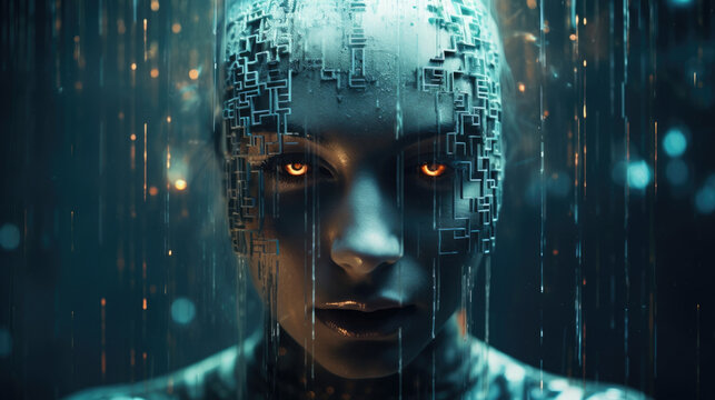 A human face in a pool of liquid data with a futuristic mask of encryption floating above it. cyberpunk ar
