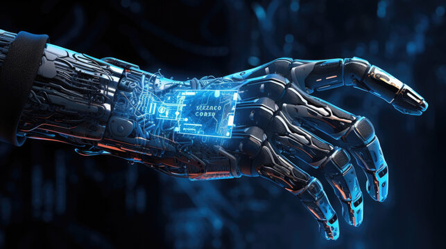 A robotic hand with encoded data flowing underneath its mechanical finger tips. cyberpunk ar