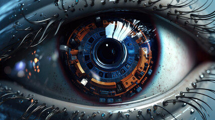 A closeup of a human eye with a robotic medical device extending small nanotech probes into it. cyberpunk ar