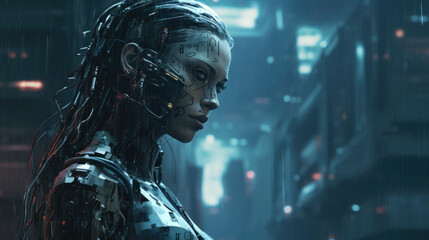 A cybernetic female warrior with cybernetic limbs modified for combat surrounded by computer terminals in a large arena. cyberpunk ar - obrazy, fototapety, plakaty
