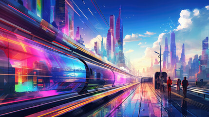 Fototapeta premium A futuristic subway train station towering into the sky and framed by the vibrant hues of a cyberpunk skyline with motionsensor cyberpunk ar
