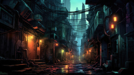 A neonlit urban alleyway crowded with graffiticovered buildings and shanty dwellings. At the center of the alley is a cyberpunk ar