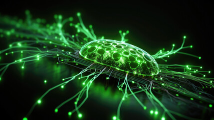 An image of a glowing green roboticlike spinal cord visible from the side with intricate cybernetic wiring connected cyberpunk ar
