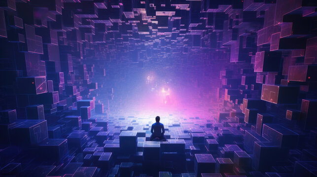 An image depicting a room filled with neonlit voxels featuring a human figure connected to a virtual reality device surrounded cyberpunk ar