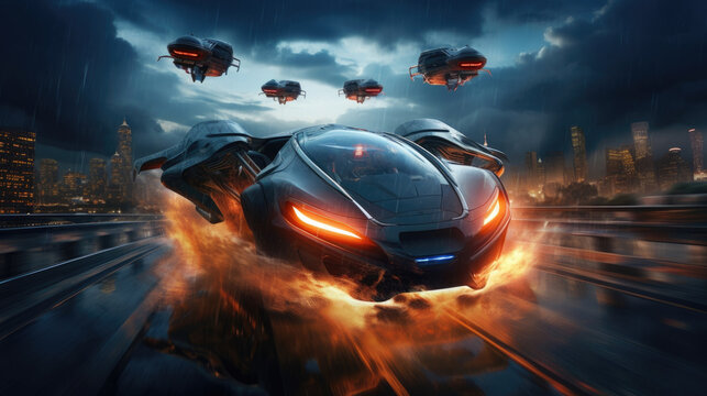 A futuristic hovercar suspended midair in a traffic jam illuminated by a passing flash of lightning. cyberpunk ar