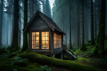 A distant image of a wooden cottage surrounded by the beauty of nature - AI Generative