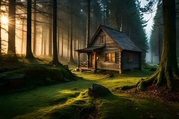 A distant image of a wooden cottage surrounded by the beauty of nature - AI Generative