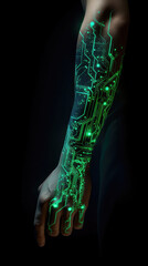 A persons arm with a glowing green nanotech tattoo of a data map. cyberpunk ar - obrazy, fototapety, plakaty