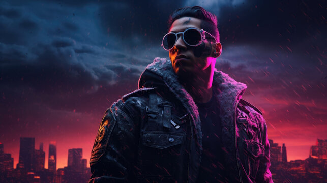 An artistic render of the stereotypical cyberpunk hero wearing all black a neon jacket and retro neoninspired sunglasses cyberpunk ar