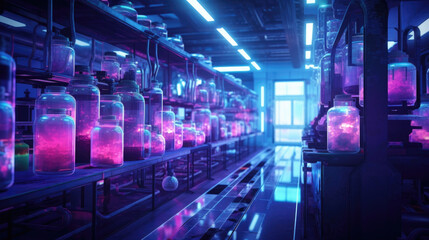 Obraz premium An eerie scene of a lab filled with biohacking equipment vials containing glowing neon fluids in the background. cyberpunk ar