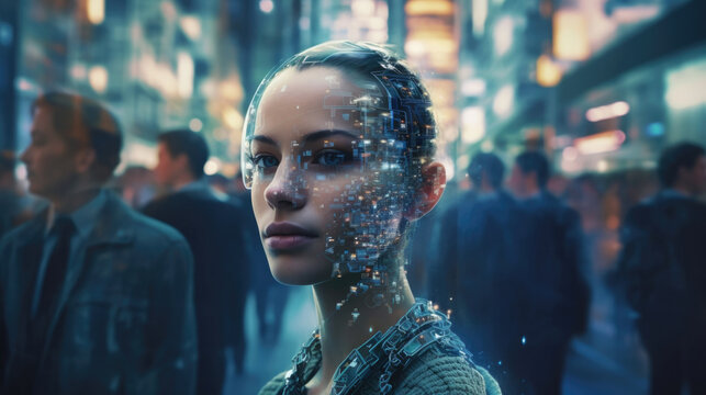 A person with half their face and body rep by cybernetics while being surrounded by other people in a futuristic cityscape cyberpunk ar