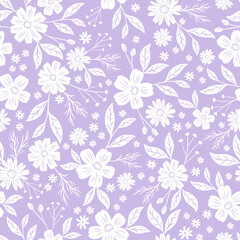 white floral in sweet purple backrgound, seamless pattern