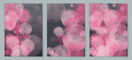 Modern watercolor background, banner or elegant card design for birthday invite, wedding or menu with abstract pink bubbles on dark grey . Collection of covers. Vector illustration.