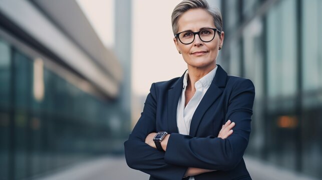 Confident Businesswoman: A Middle-Aged Woman in a Business Suit with Arms Crossed, generative AI