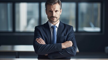 Confident Business Stance: A Serious-looking Businessman with Crossed Arms Standing, generative AI
