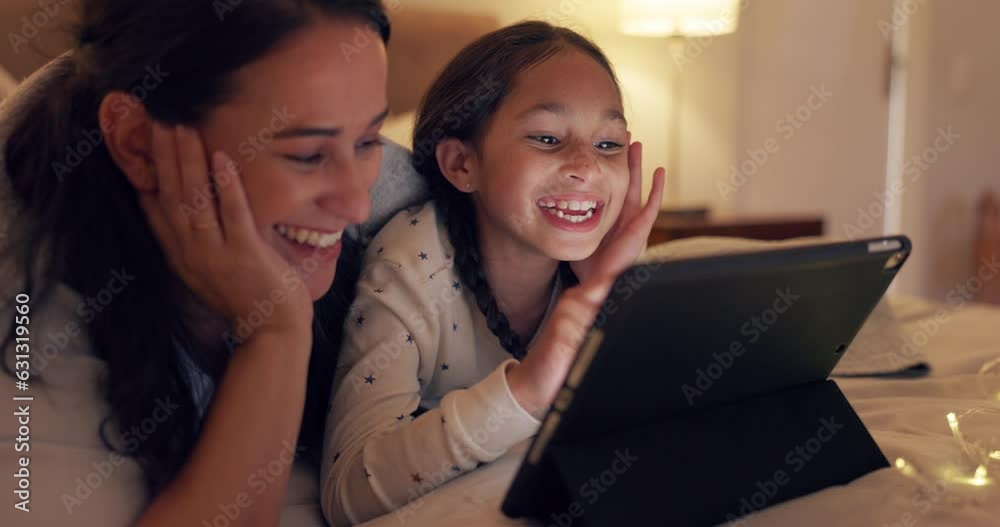 Sticker Tablet, mom and child in bed for movie night, storytelling and streaming television show with smile at home. Sleepover, mother and daughter in bedroom to watch tv, relax and bonding with online video