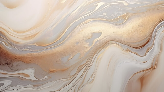 Abstract fluid art background beige and silver colors. Liquid marble. Ink beige backdrop with shiny wavy pattern 
