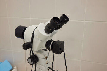 Slit lamp. Biomicroscope. Binoculars. Ophthalmic equipment.. Close up, selective focus. Health care...