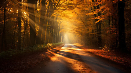 Autumn forest road with yellow leaves and sunbeams 
 - obrazy, fototapety, plakaty