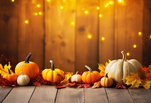 Autumn background from fallen leaves and pumpkins