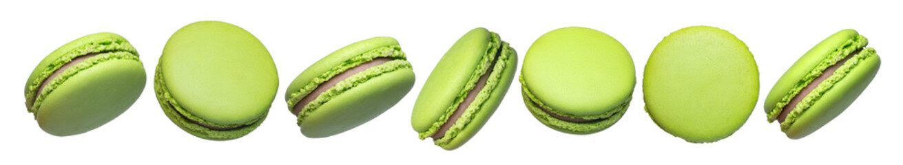Set of green french macarons cakes isolated on transparent background