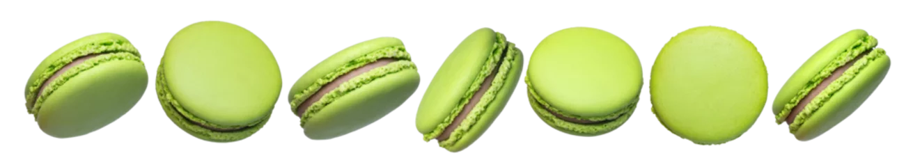Fotobehang Set of green french macarons cakes isolated on transparent background © Ludaiv