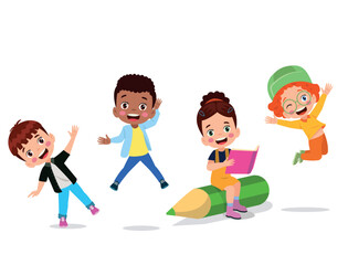 Happy kids cartoon collection. Multicultural children in different positions isolated on white background