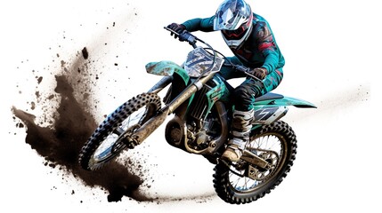 Man on motocross bike in motion on white background