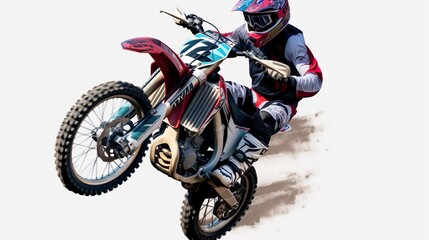 Man on motocross bike in motion on white background
