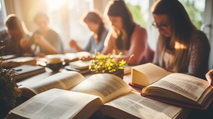 Happy young university students studying with books in library. Group of multiracial people in college library.