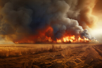 Crop fields being destroyed by a wildfire, the horizon glowing with flames against dramatic sky filled with clouds of dark smoke