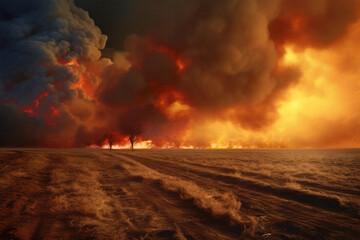 Wildfire sweeping through agricultural land, with a horizon filled with flames and smoke against a deeply saturated red sky