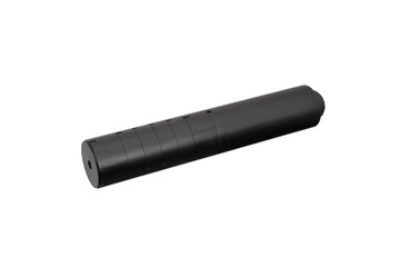 Black silencer for weapons. Suppressor that is at the end of an assault rifle. Isolate on a white back.